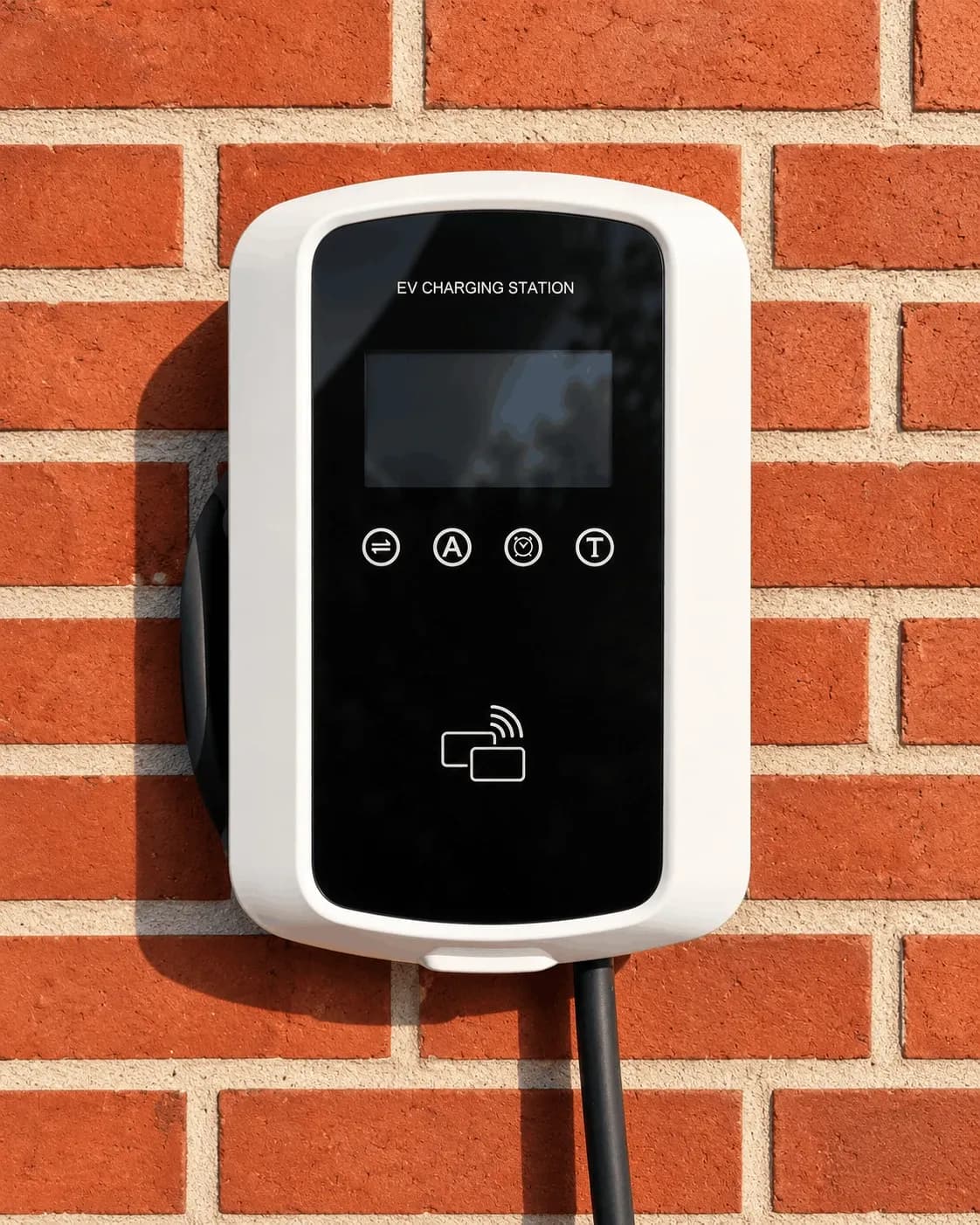 Borne de recharge Tesla blanche avec façade noire installée sur le mur extérieur en briques rouges d'une maison