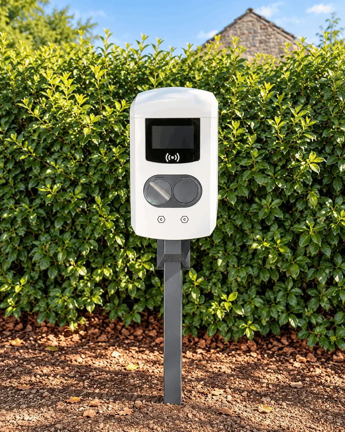 Borne de recharge Alfen blanche à deux prises installée sur un poteau métallique extérieur devant une haie