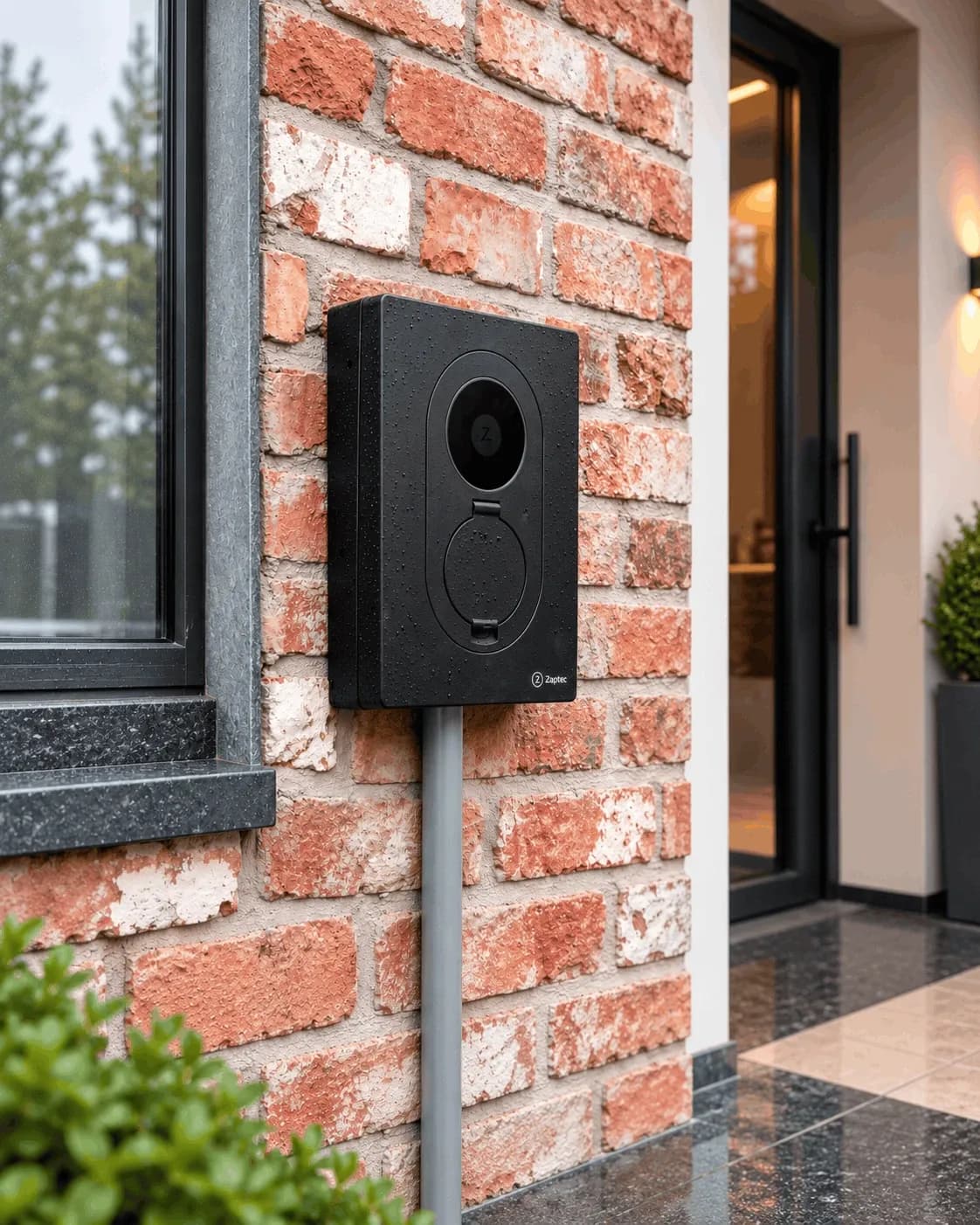 Borne Zaptec posée sur la façade en briques, à côté de la fenêtre et de la porte d'entrée