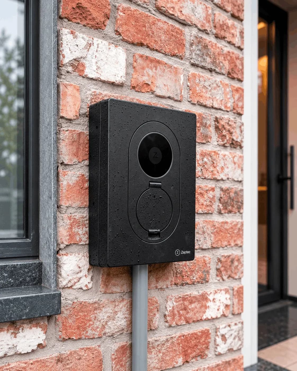 Borne Zaptec et gaine d'alimentation par le dessous sur mur extérieur en briques, vue de côté