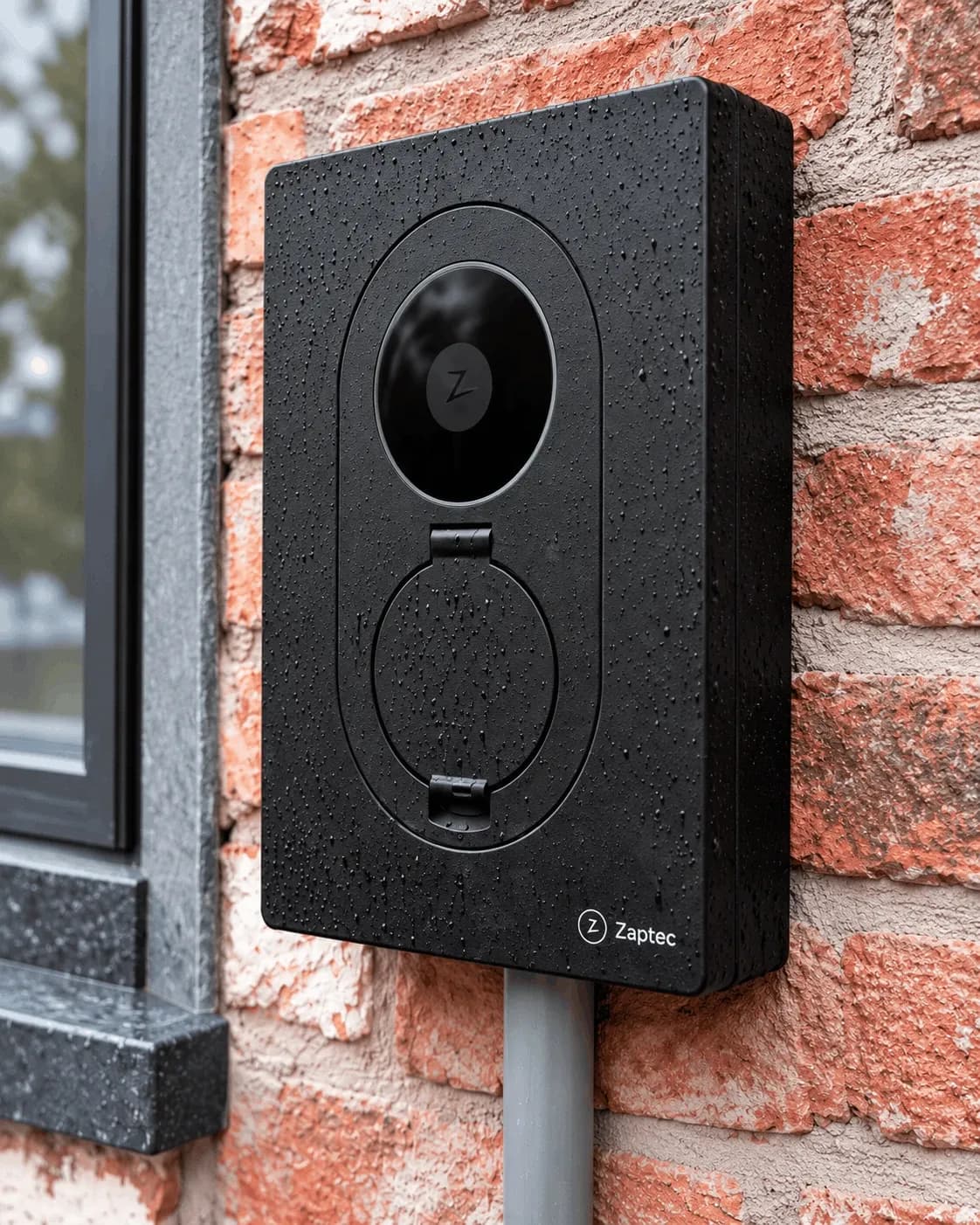Détail de la borne Zaptec noire et de sa prise de recharge sur la façade en briques