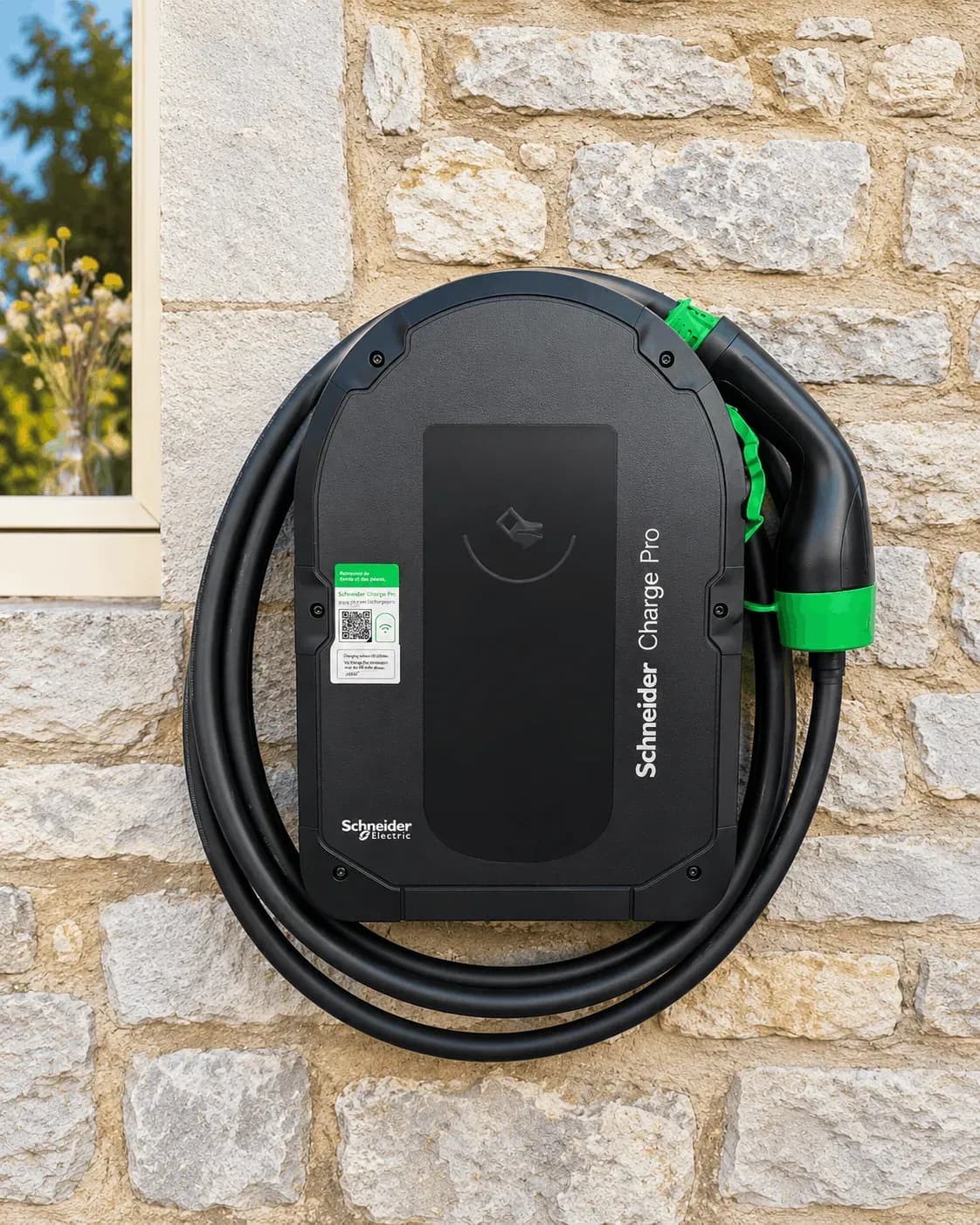 Borne Schneider Electric Charge Pro installée sur une façade en pierre avec câble et connecteur de recharge noir et vert
