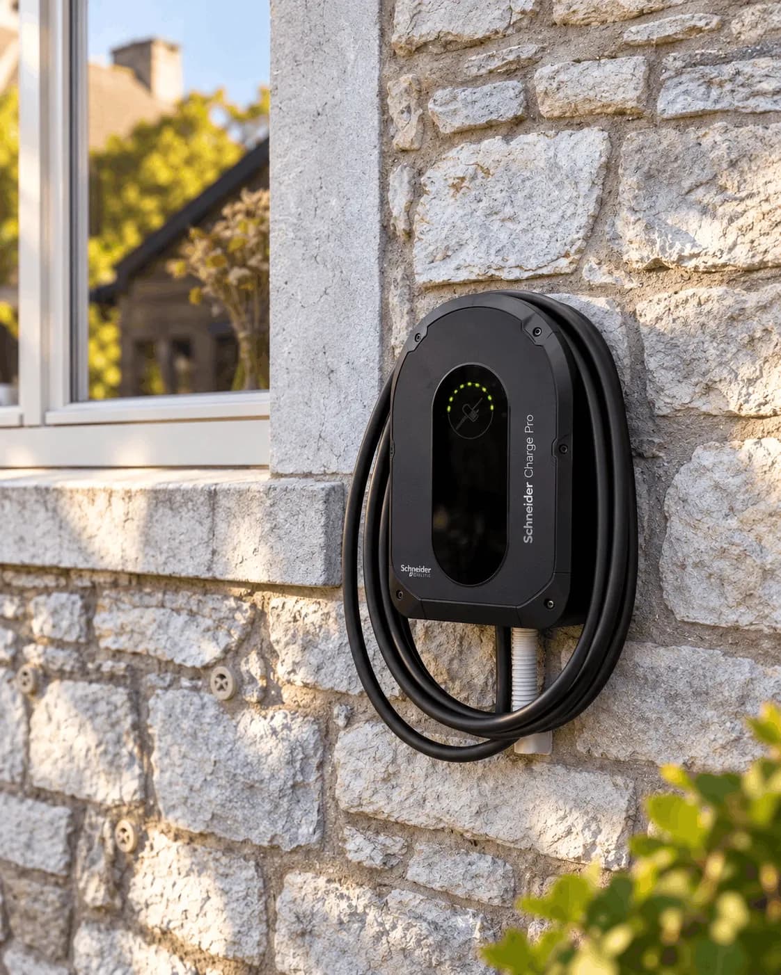 Borne Schneider Charge Pro en service, voyant de recharge allumé, sur la façade en pierre