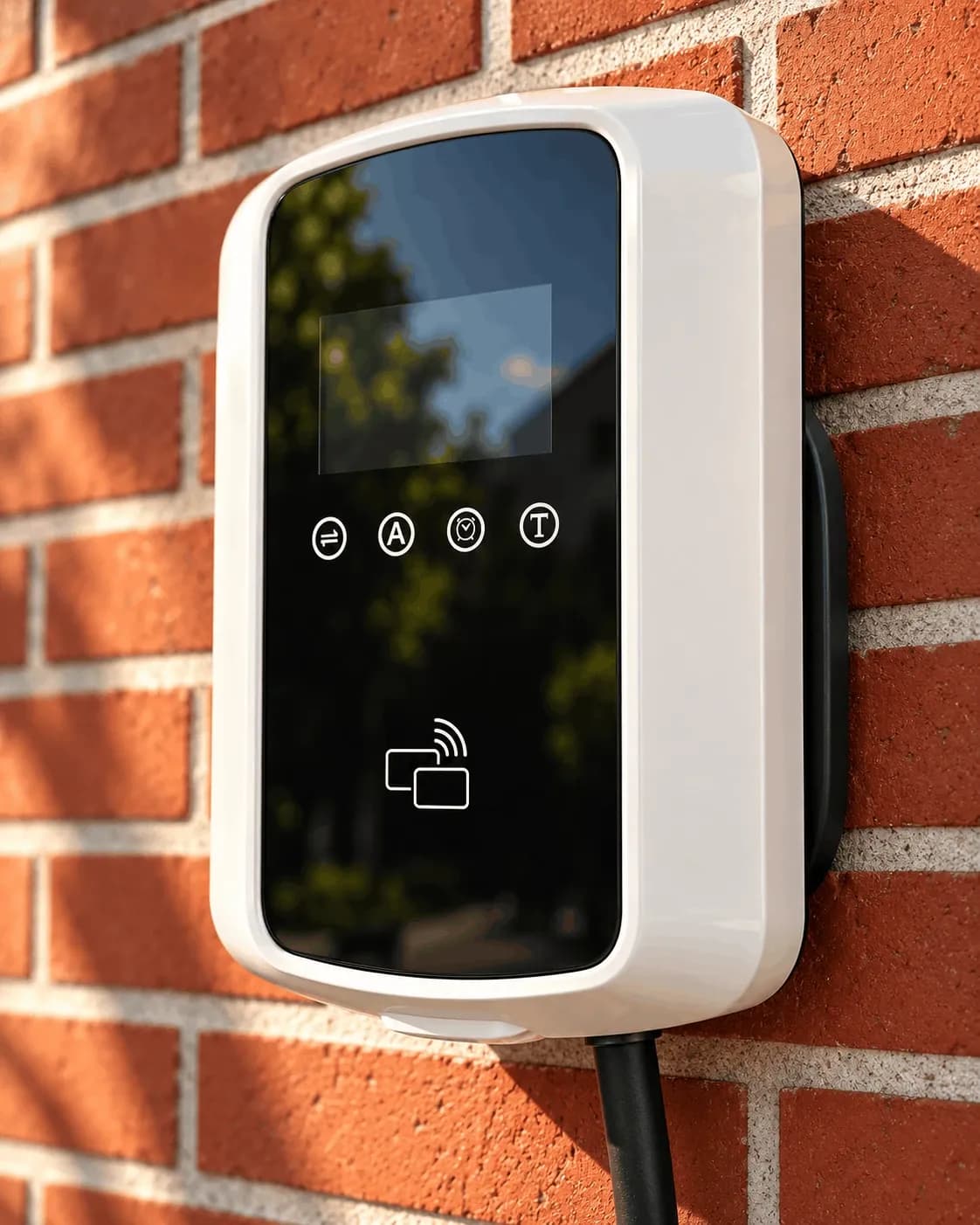 Borne de recharge Tesla murale sur briques rouges, vue de trois quarts