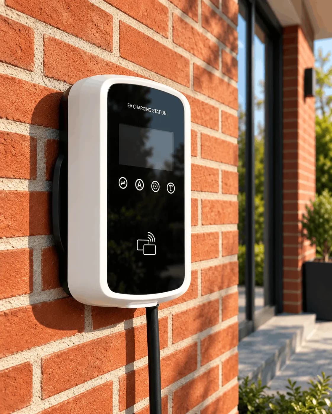 Borne Tesla blanche installée sur la façade en briques rouges, près de l'entrée de la maison